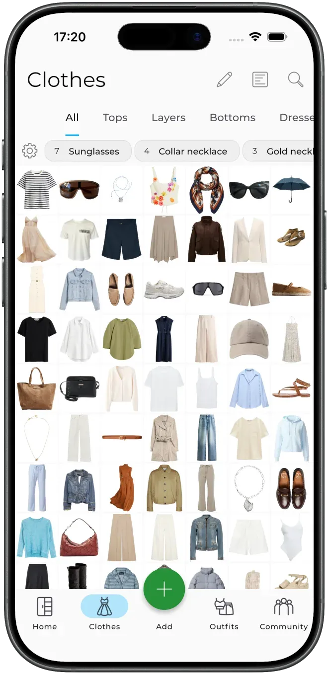 GetWardrobe app showing a wardrobe grid of real clothing items