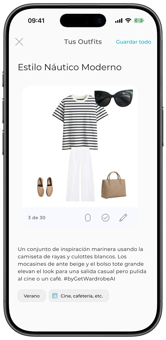 Un outfit 'Brunch con amigos' generado por IA a partir de tu propia ropa, con una descripción escrita y etiquetas de Verano/Ocio