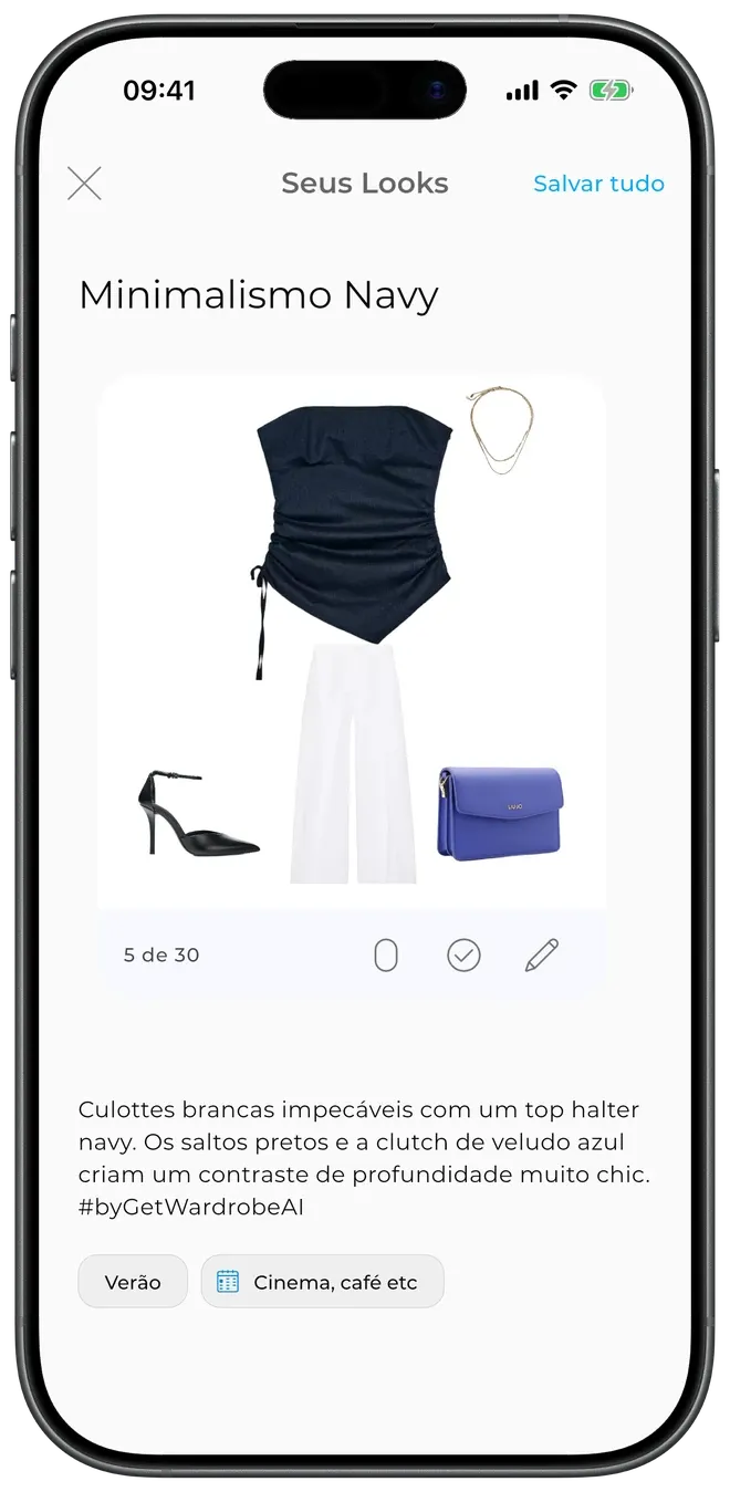Um look 'Brunch com Amigos' gerado por IA a partir das suas próprias roupas, com uma descrição escrita e tags Verão/Lazer