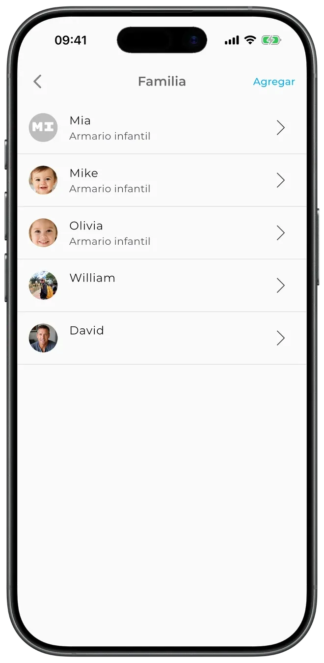 Pantalla de Familia de GetWardrobe con armarios separados para los miembros de la familia Mia, Mike, Olivia, William y David