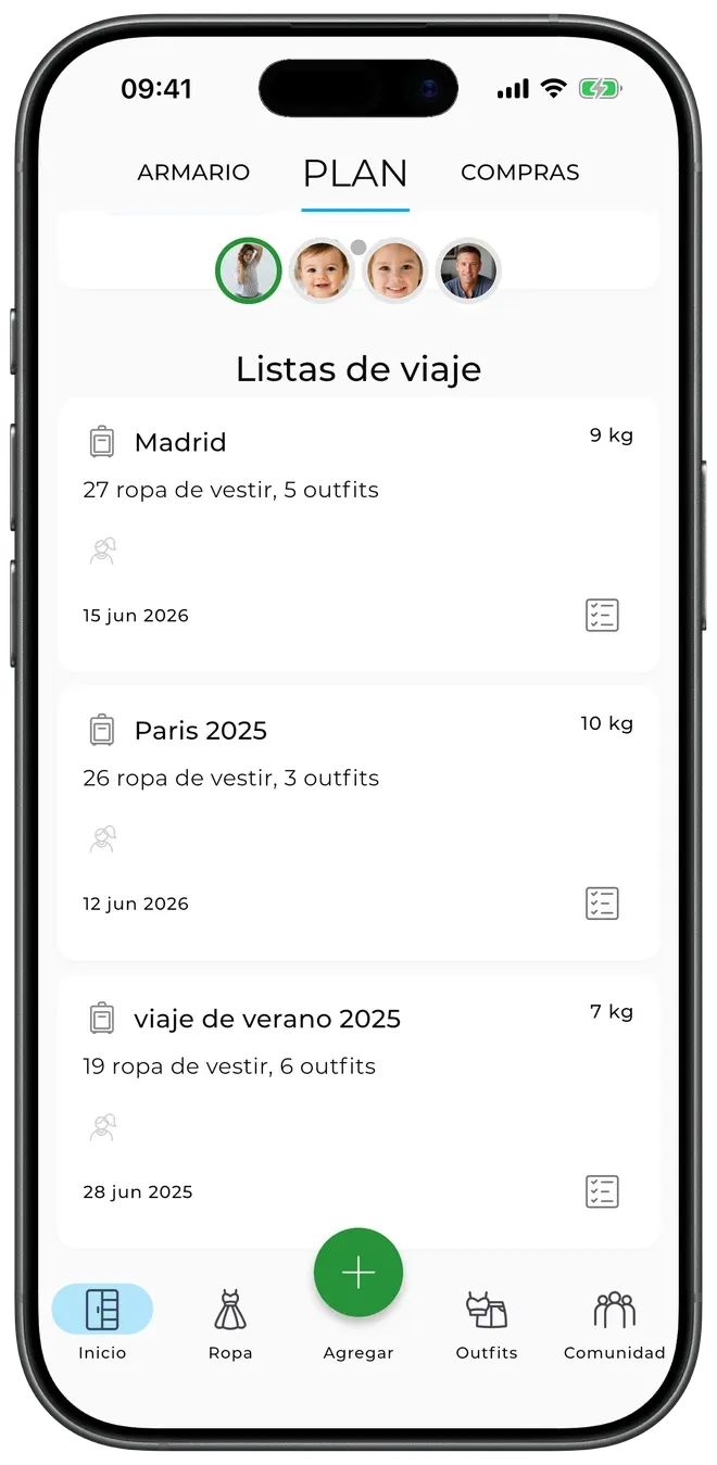 Listas de viaje de GetWardrobe para viajes a Madrid, París y un viaje de verano, cada una con el número de prendas y outfits