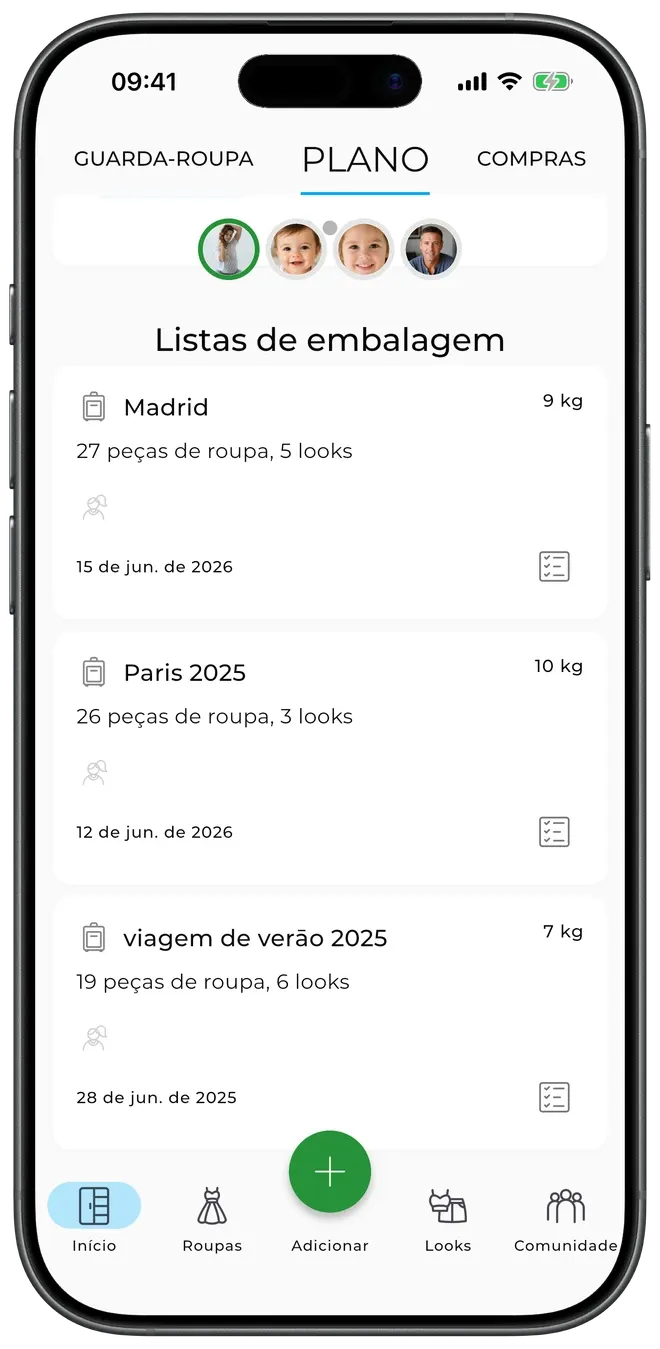Listas de viagem do GetWardrobe para viagens a Madrid, Paris e uma viagem de verão, cada uma com contagem de peças e looks