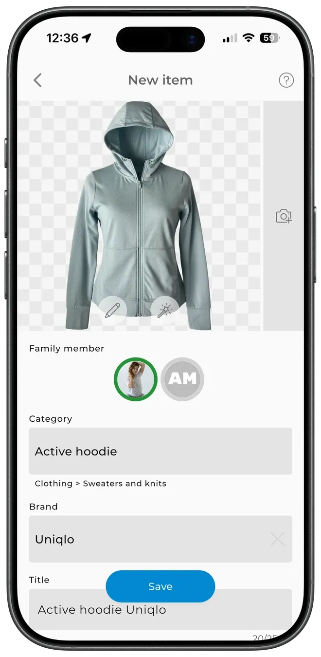 The same item cataloged in GetWardrobe — background removed, category and color detected