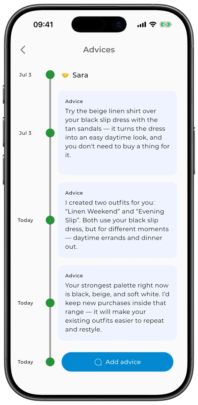 GetWardrobe Stylist Mode — a stylist leaving outfit advice on a client's wardrobe