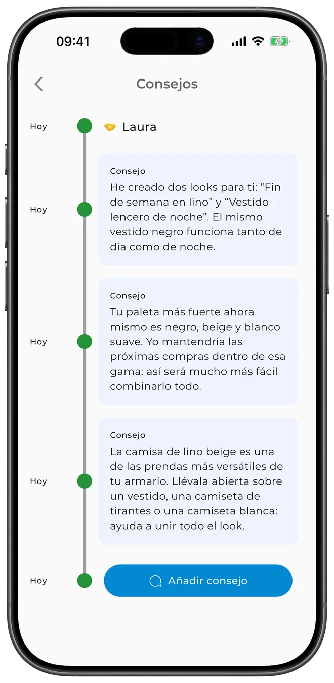 Modo estilista de GetWardrobe — un estilista dejando consejos de outfit en el armario de un cliente