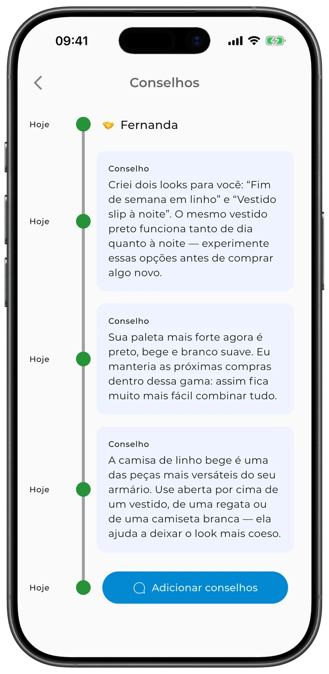 Modo estilista do GetWardrobe — um estilista deixando conselhos de look no guarda-roupa de um cliente