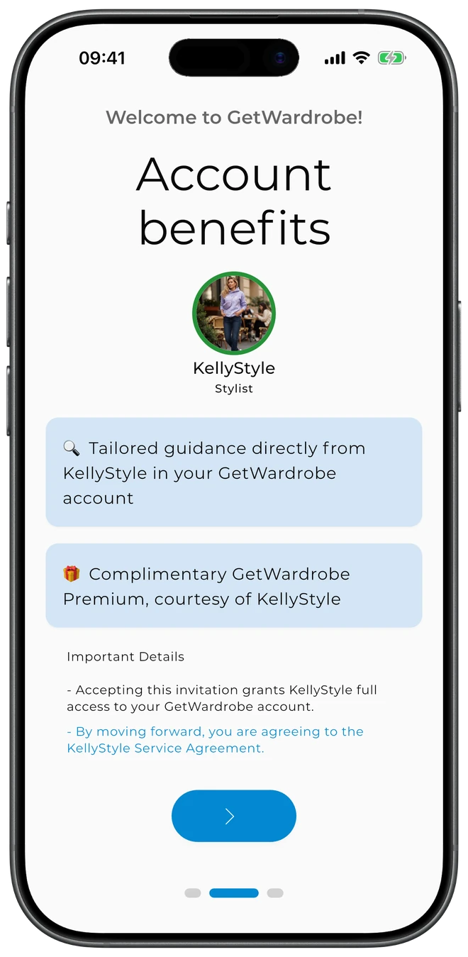 A client's welcome screen in GetWardrobe — invited by stylist KellyStyle, with complimentary Premium included
