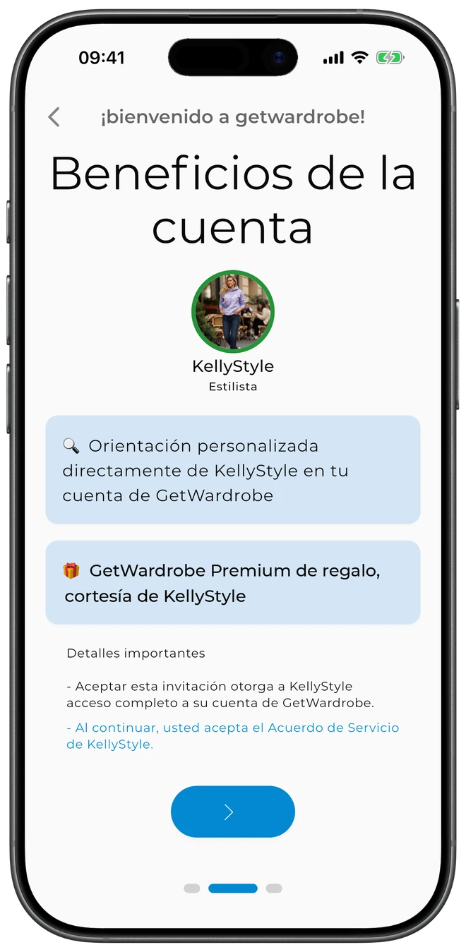 Pantalla de bienvenida de un cliente en GetWardrobe — invitado por la estilista KellyStyle, con Premium de cortesía incluido