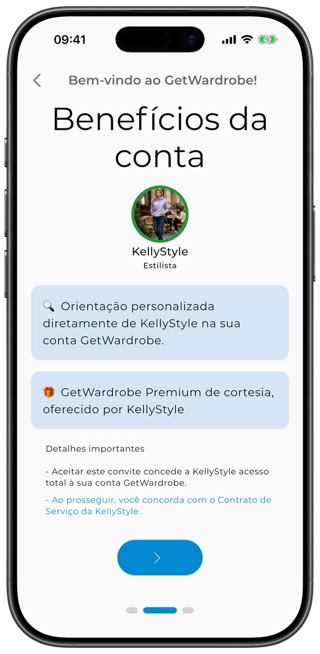 Tela de boas-vindas de um cliente no GetWardrobe — convite da estilista KellyStyle, com Premium cortesia incluído