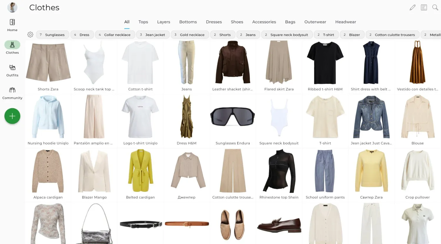 GetWardrobe web app showing a wardrobe grid of real clothing items